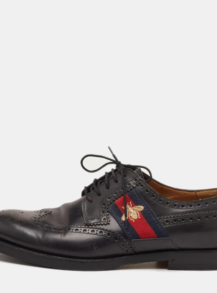 Gucci Web Bee Size 43.5 Black Leather Lace Up Wingtip Brogue Derby