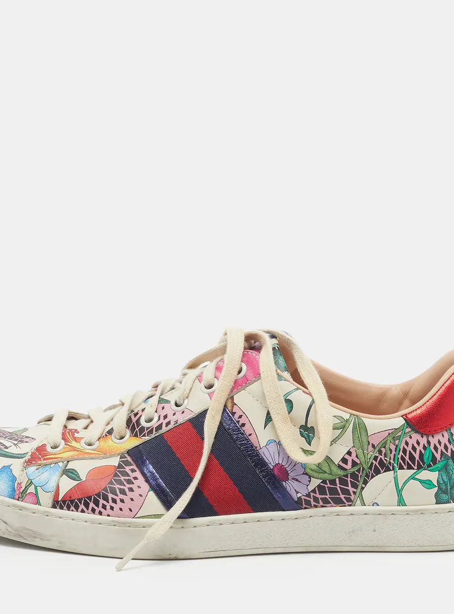 Gucci Ace Size 42.5 Multicolor Flower Print Leather Web Low Top Sneakers