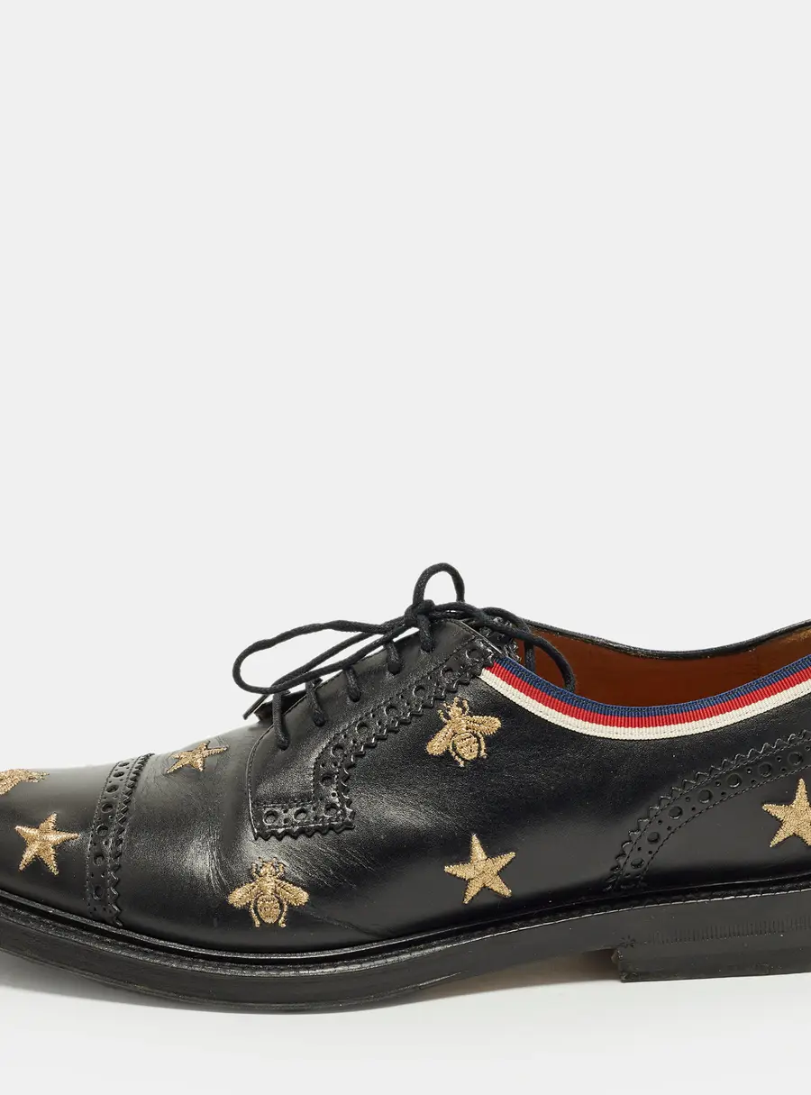 Gucci Beyond Star Bee Embroidered Size 42.5 Black Leather Lace Up Derby