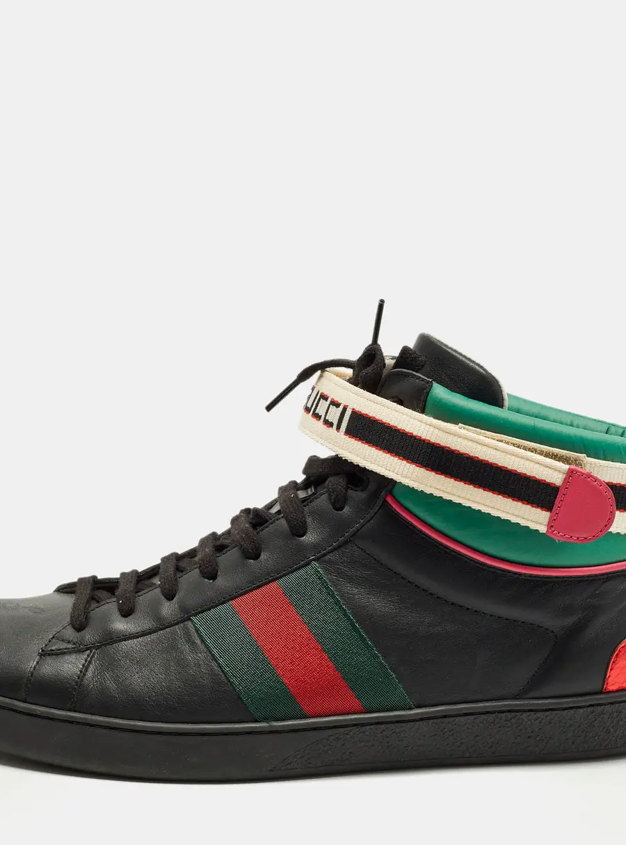 Gucci Ace Size 43 Multicolor Leather and Python Embossed Stripe High Top Sneakers