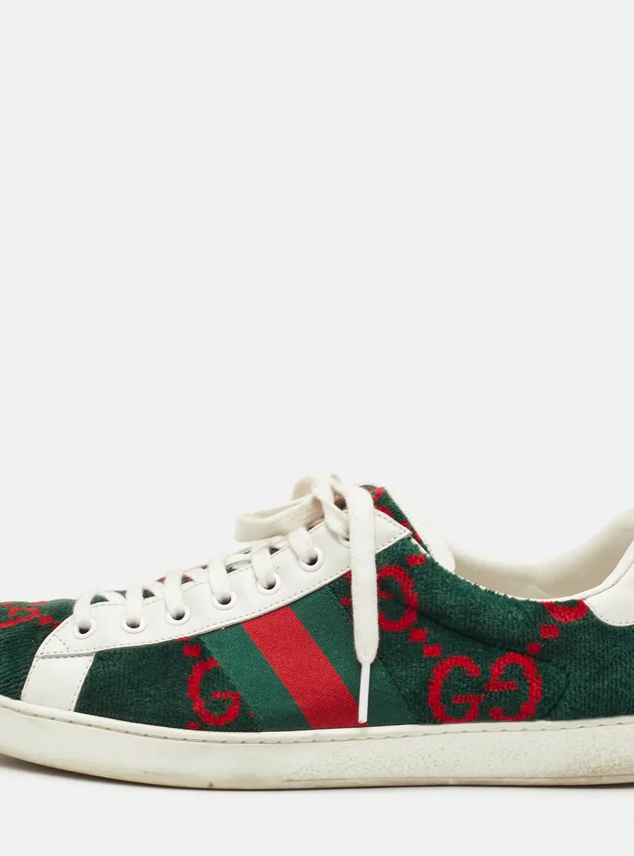 Gucci Ace Web Size 44 Green/White GG Terry Velvet and Leather Low Top Sneakers