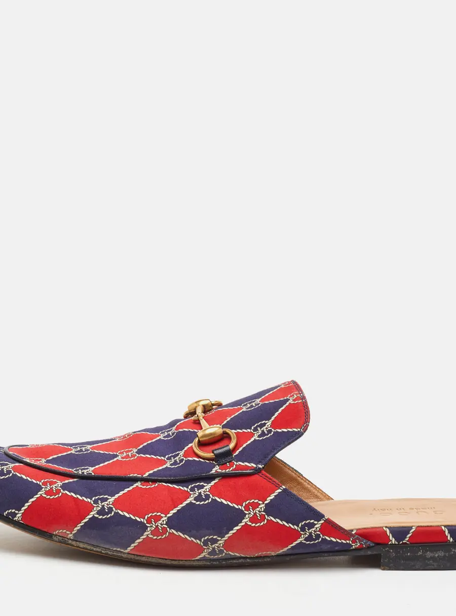 Gucci Princetown Size 44.5 Navy Blue/Red Rhombus Chain Print Fabric Flat Mules