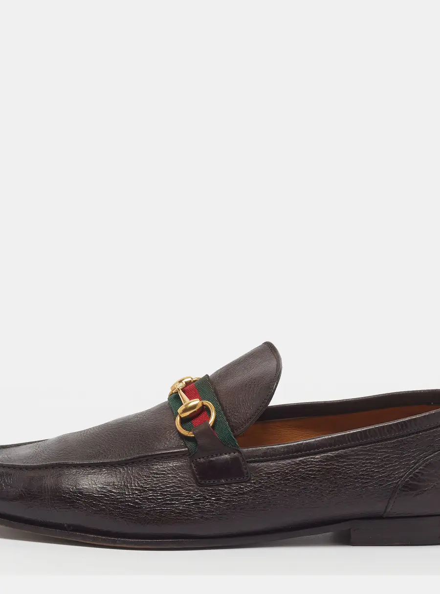 Gucci Horsebit Size 44 Dark Brown Leather Web Penny Loafers
