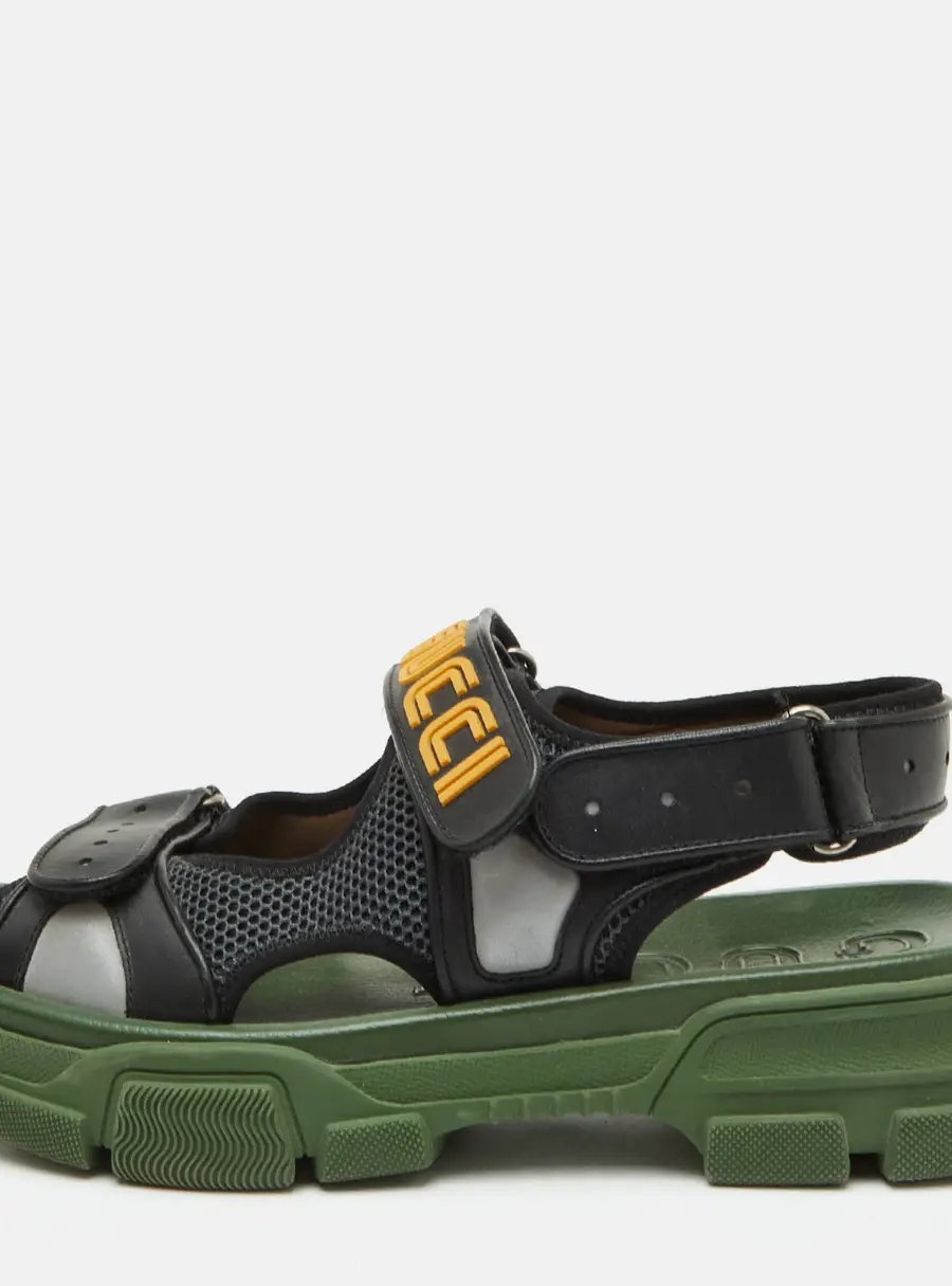 Gucci Sega Size 45 Black/Green Leather and Mesh Velcro Slingback Flat Sandals