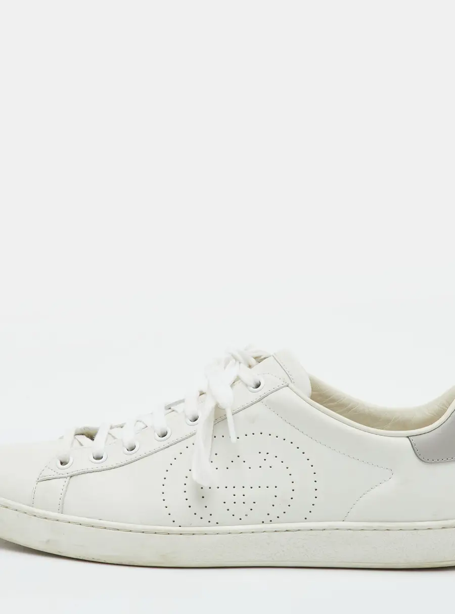 Gucci Ace Size 42 White Perforated Interlocking G Leather Low Top Sneakers