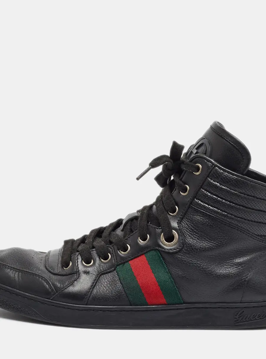 Gucci Coda Size 42 Black Web Detail  Leather High Top Sneakers