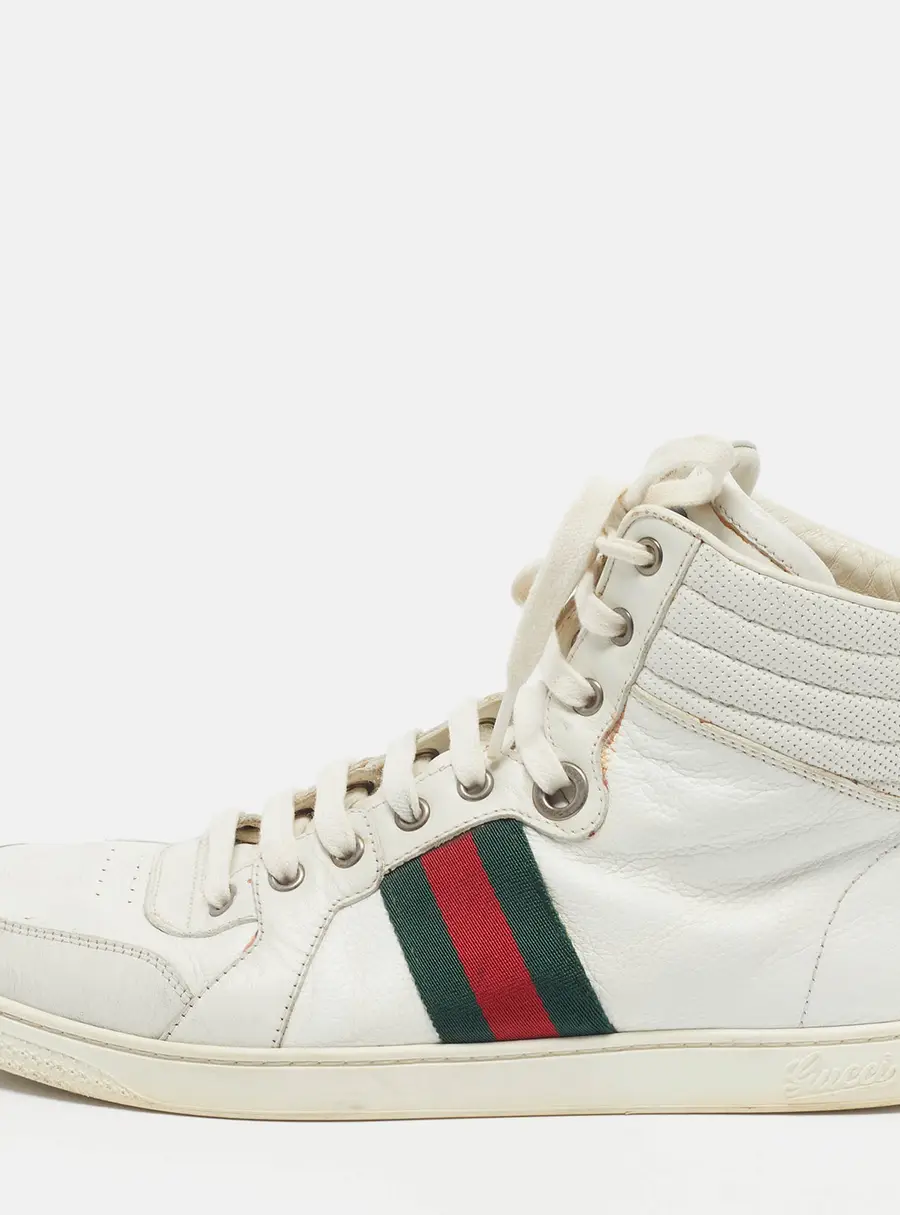 Gucci Web Size 42 White Leather High Top Sneakers