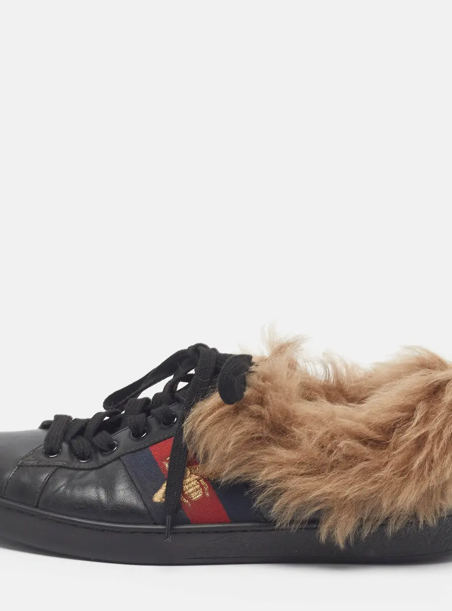 Gucci Ace Size 42 Black Fur and Leather Lace Up Sneakers