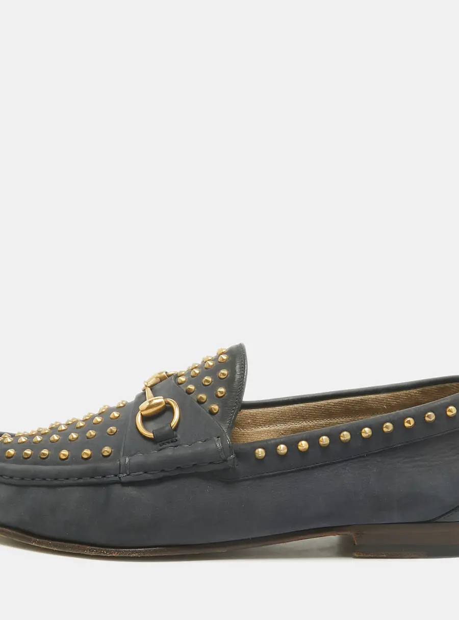 Gucci Horsebit Studded Size 44.5 Navy Blue Nubuck Leather Loafers