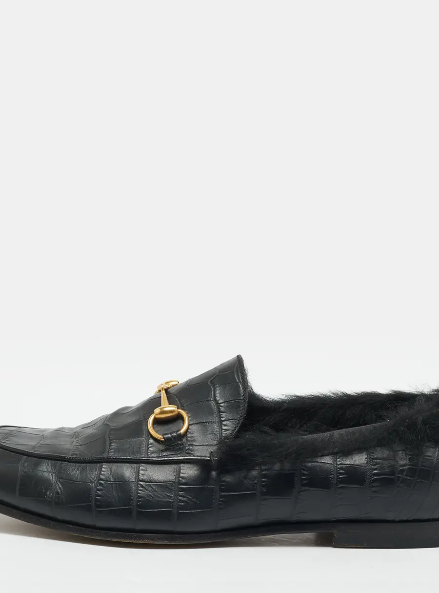 Gucci Jordaan Size 44 Crocodile Leather and Shearling Horsebit Loafers