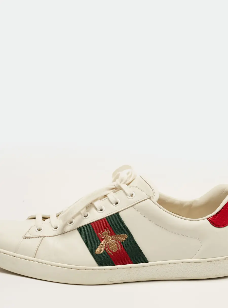 Gucci Ace Web Size 47 White Leather Bee Embroidered Low Top Sneakers