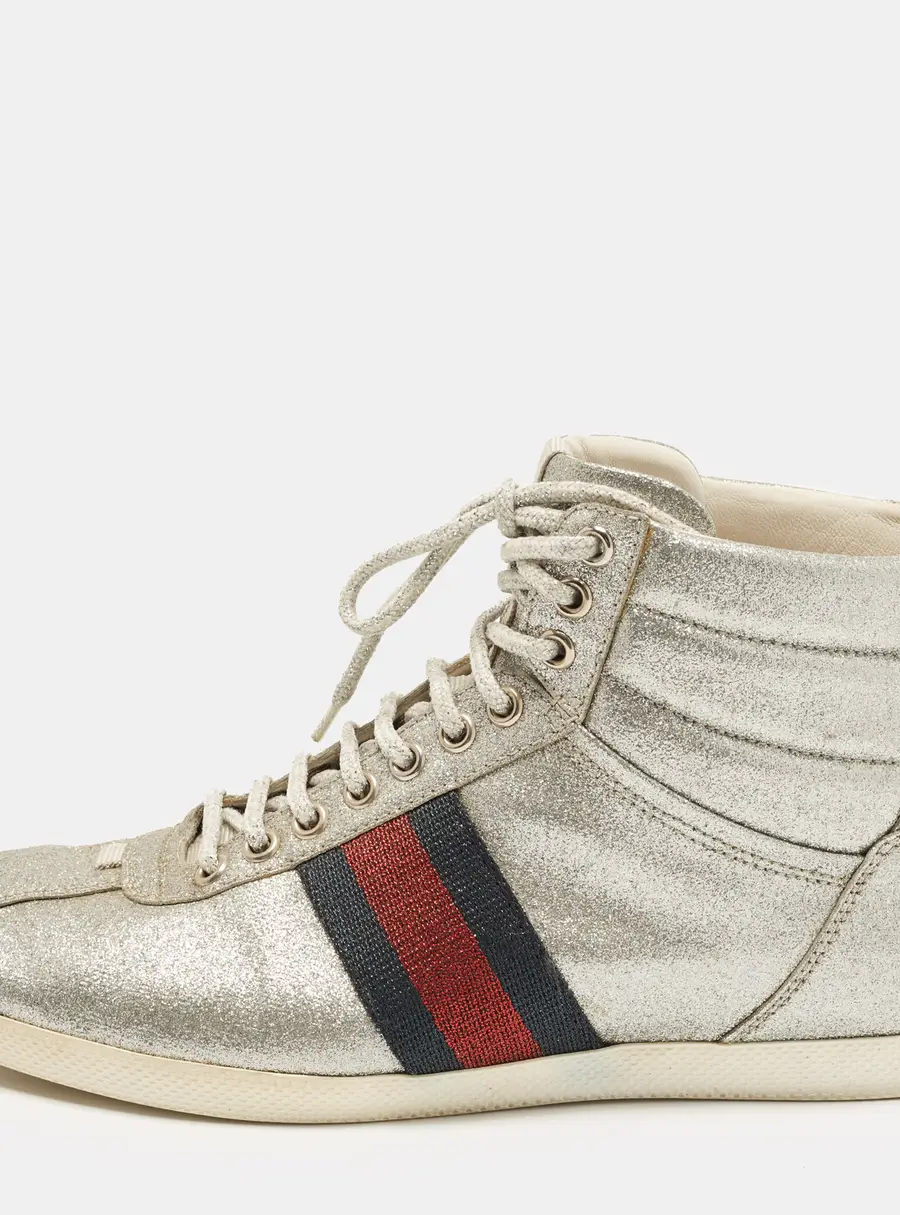 Gucci Web Size 41.5 Metallic Silver Glitter High Top Sneakers