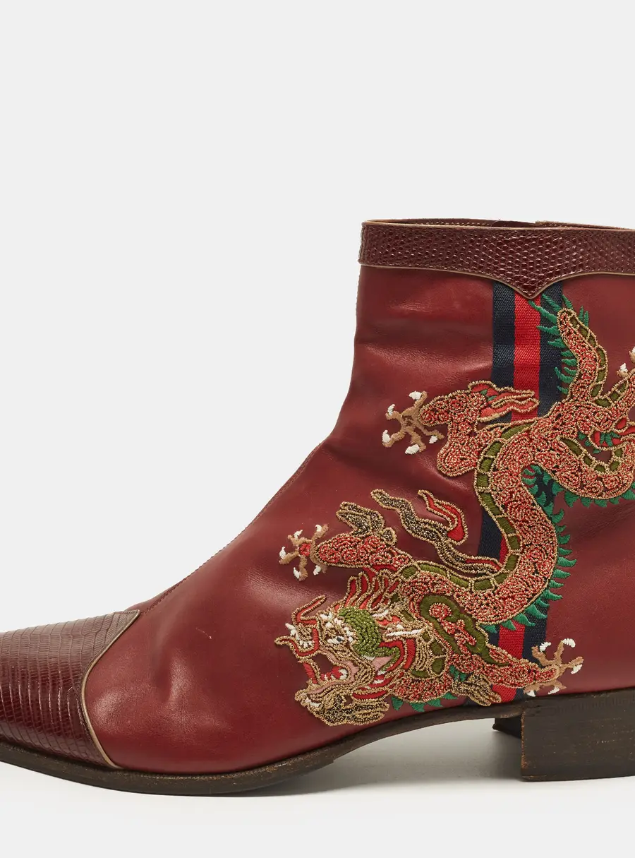 Gucci Web Size 45 Burgundy Leather and Lizard Embossed Leather Chelsea Boots