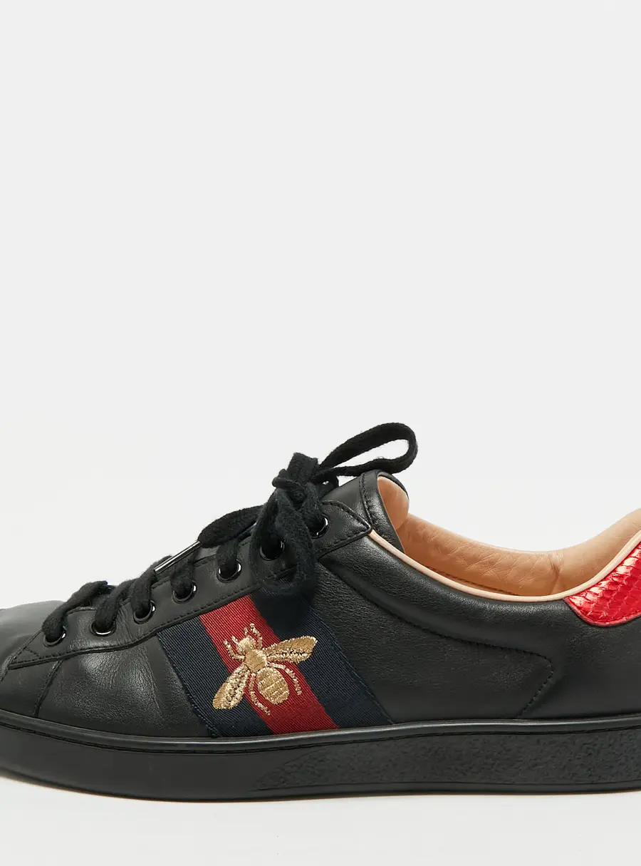 Gucci Ace Web Size 42 Black Leather Bee Embroidered Low Top Sneakers