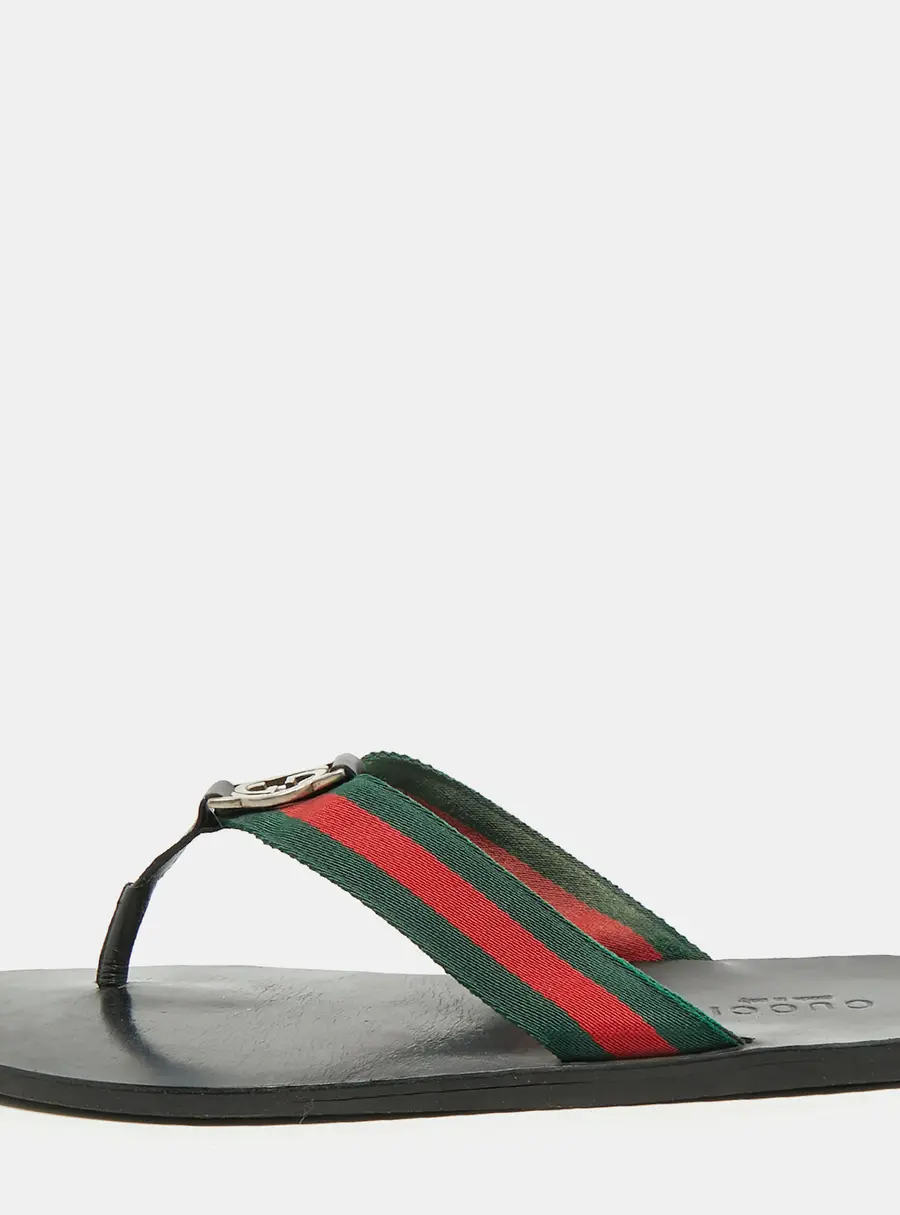 Gucci Interlocking G Size 44 Tricolor Canvas and Leather Thong Flat Slide