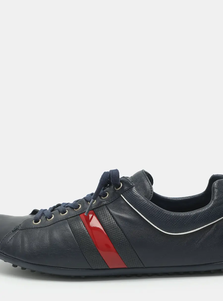 Gucci Size 47.5 Navy Leather and  Web Low Top Sneakers