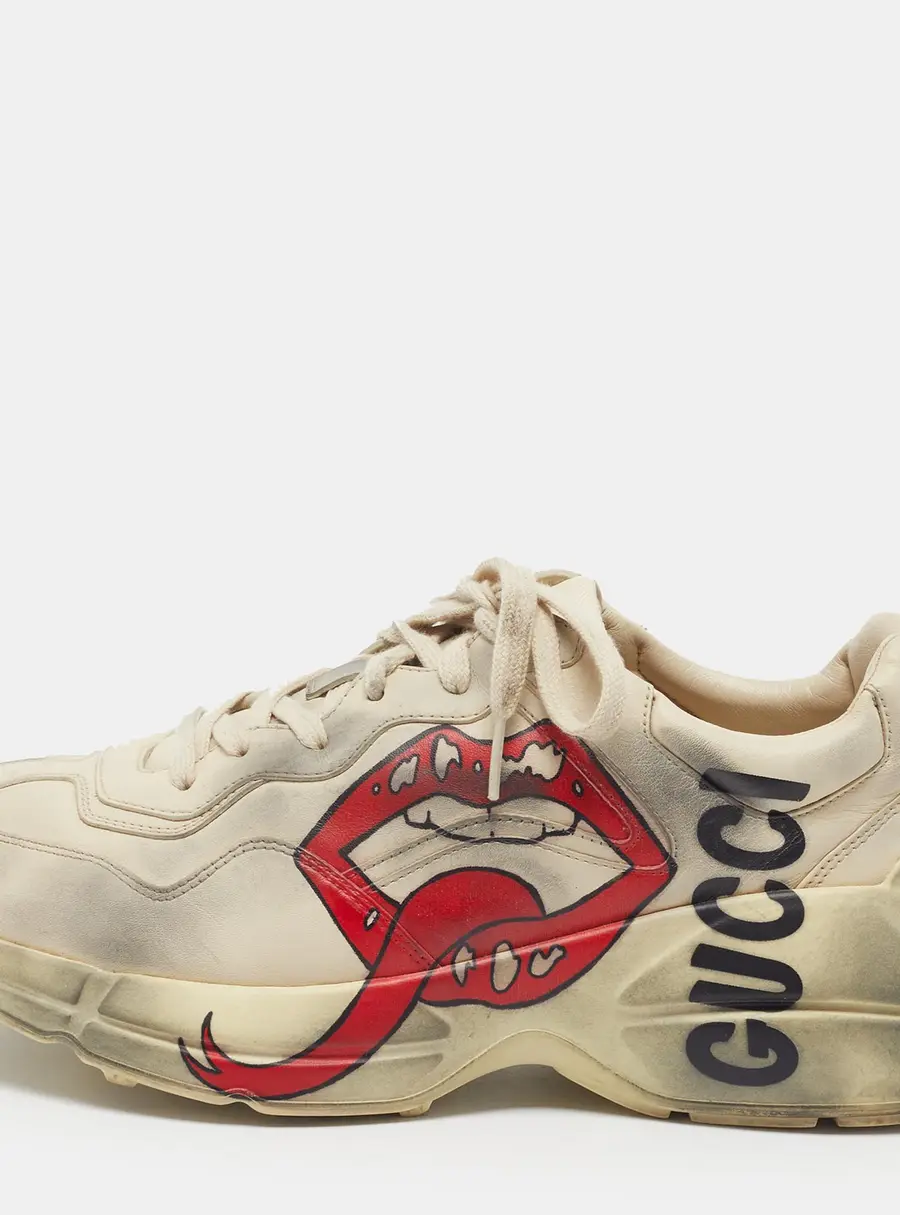 Gucci Rhyton Size 40 Two Tone Leather Mouth Print Distressed Lace Up Sneakers