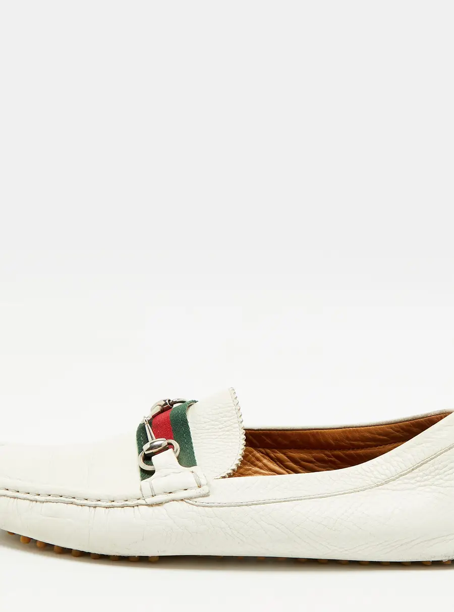 Gucci Horsebit Size 44.5 White Leather Web  Driver Loafers