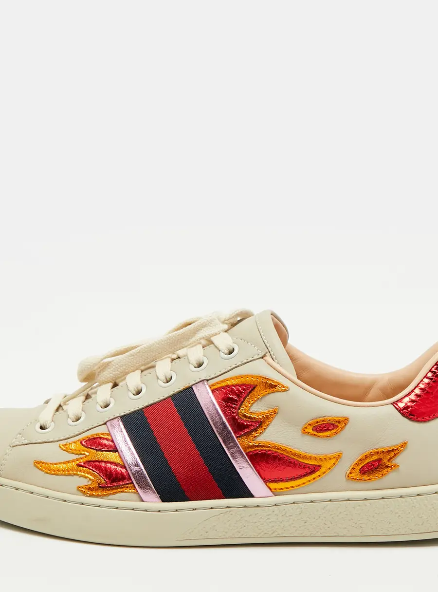 Gucci Ace Size 40 Multicolor Leather and Python Embossed Web Flame Embroidered Low Top Sneakers