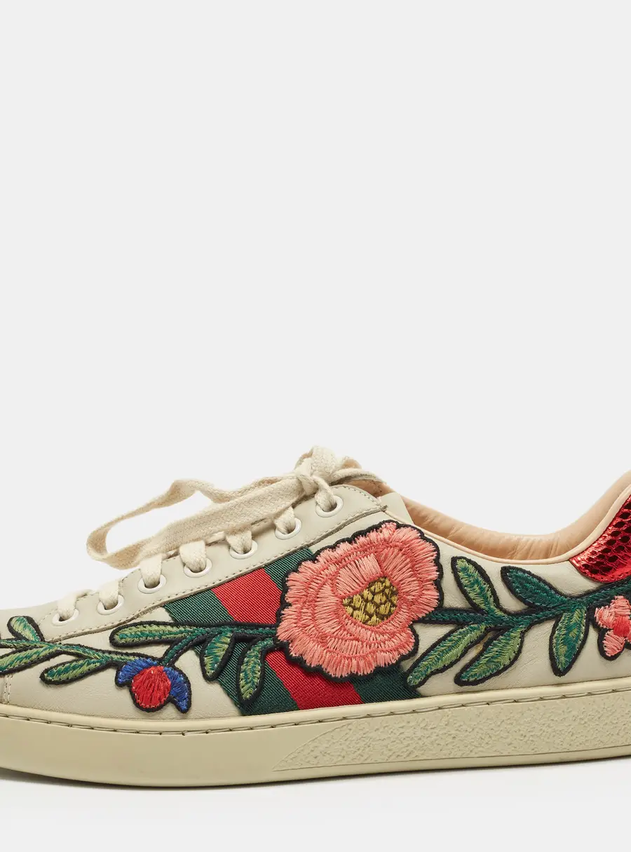 Gucci Ace Size 40 Multicolor Leather Web Floral Embroidered Low Top Sneakers