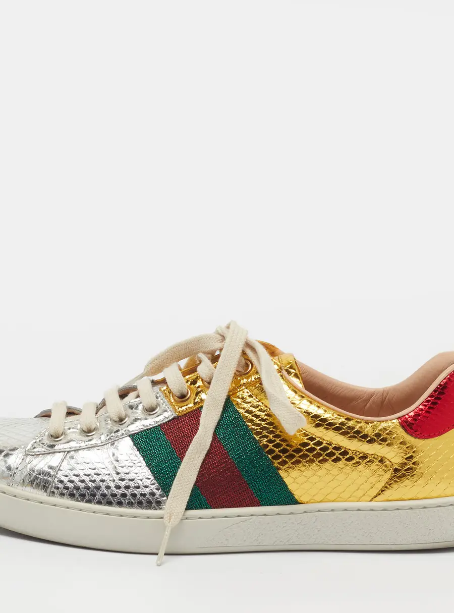 Gucci Ace Size 40 Gold/Silver Python Embossed Leather Web Lace Up Sneakers