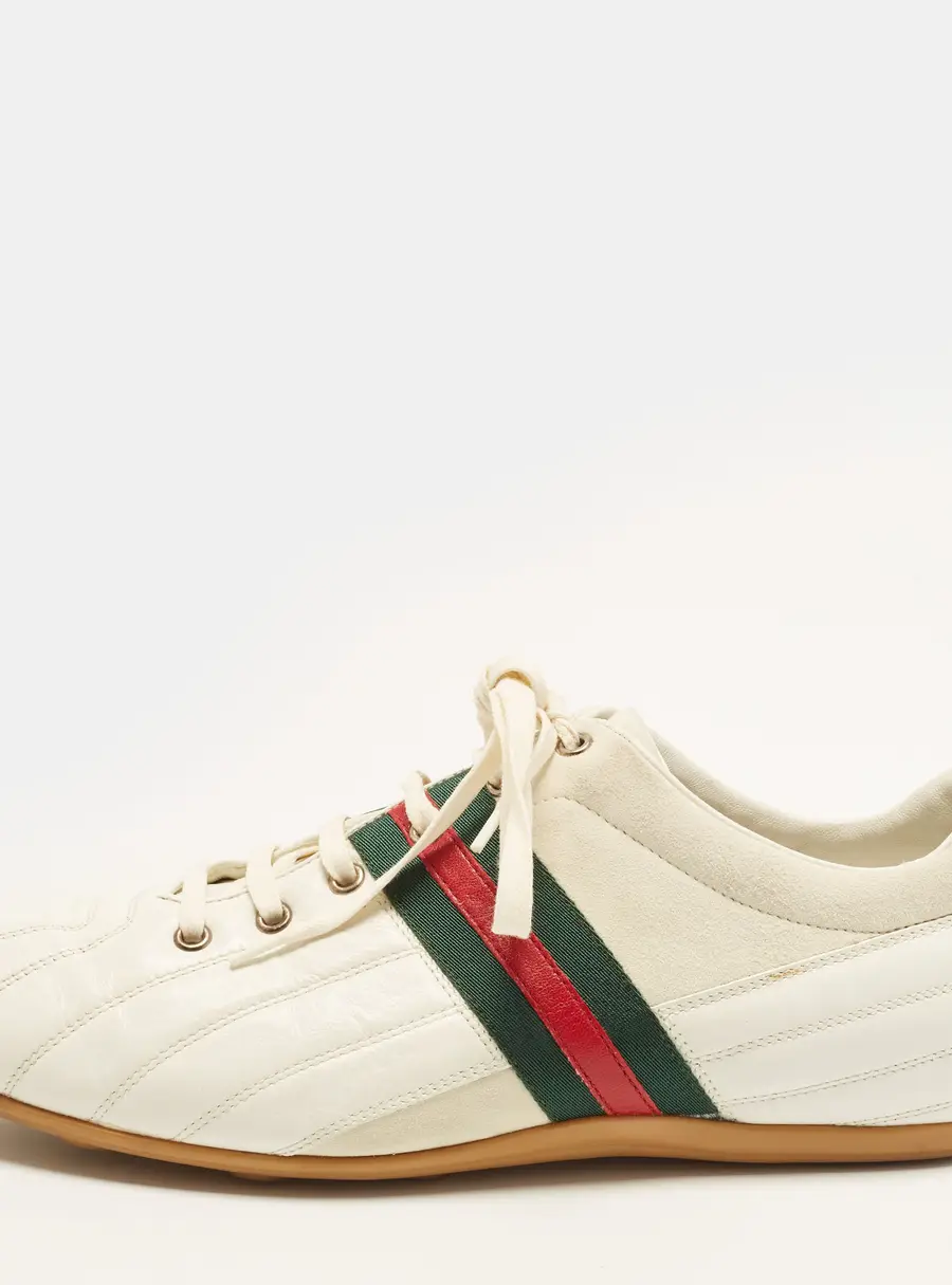 Gucci Trainers Size 43.5 White Leather and Suede Web Lace Up Sneakers