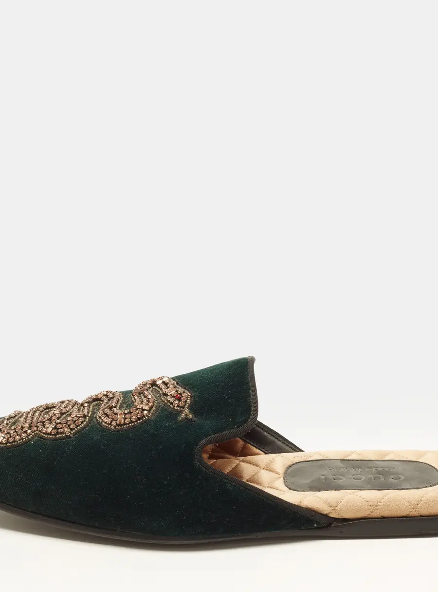 Gucci Lawrence Size 40 Dark Green Velvet Snake Crystal Embellished Flat Mules