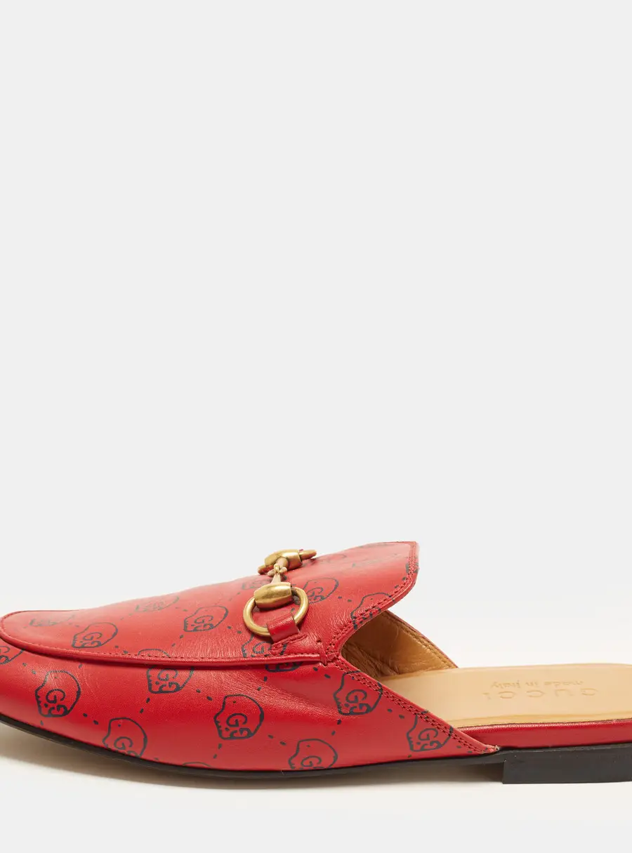 Gucci Princetown Size 40 Red GG Ghost Print Leather Horsebit Flat Mules