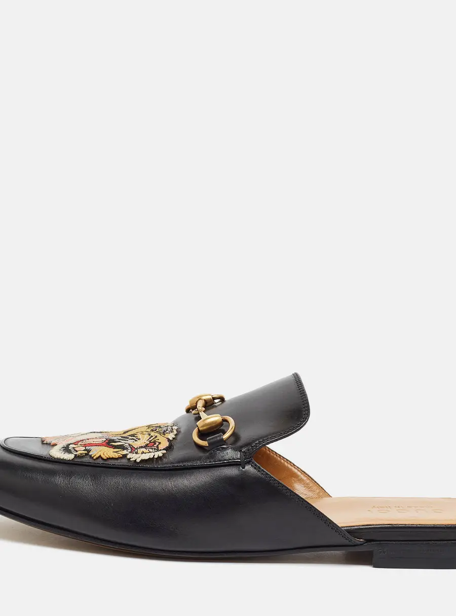 Gucci Princetown Size 44 Black Leather  Tiger Embroidered Mules