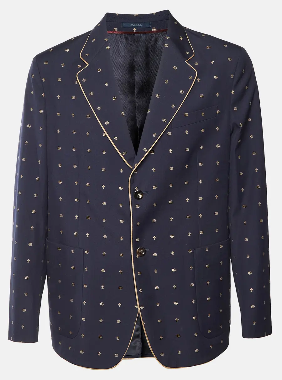 Gucci Navy Blue Double G Logo Jacquard Wool Tailored Blazer L