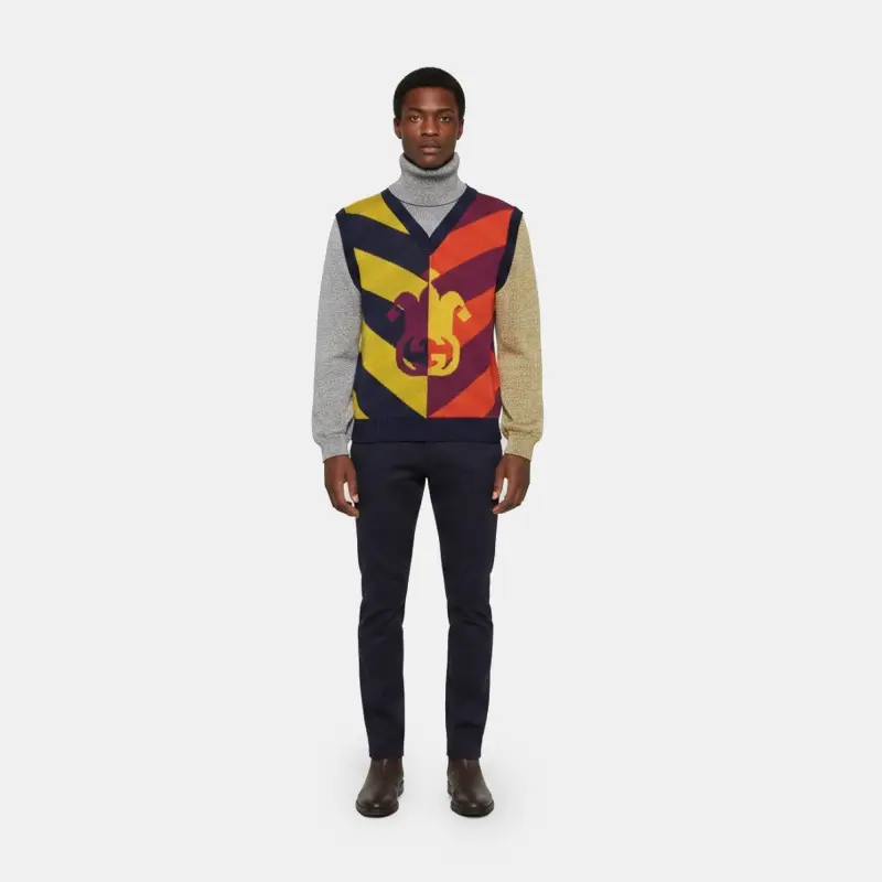 Gucci Multicolor Jester Striped Wool Jacquard Knit Layered Sweater S