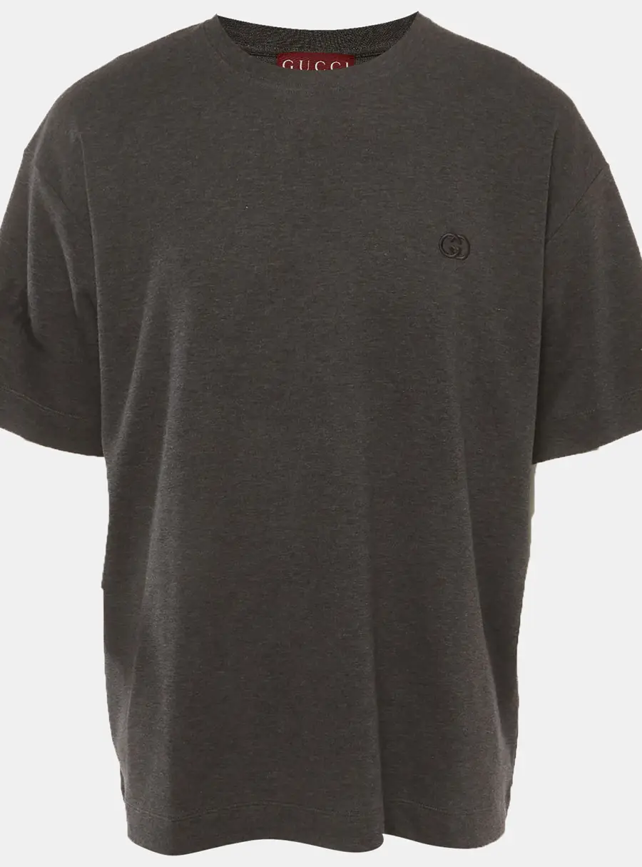 Gucci Grey Embroidered Logo Jersey Crewneck T-Shirt XXL