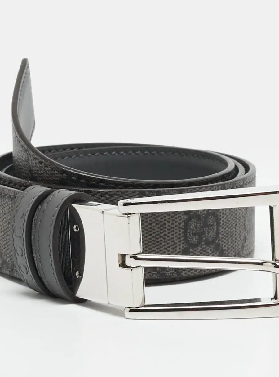 Gucci 85 CM Reversible Rectangular Buckle Belt Grey GG Supreme Canvas and Leather