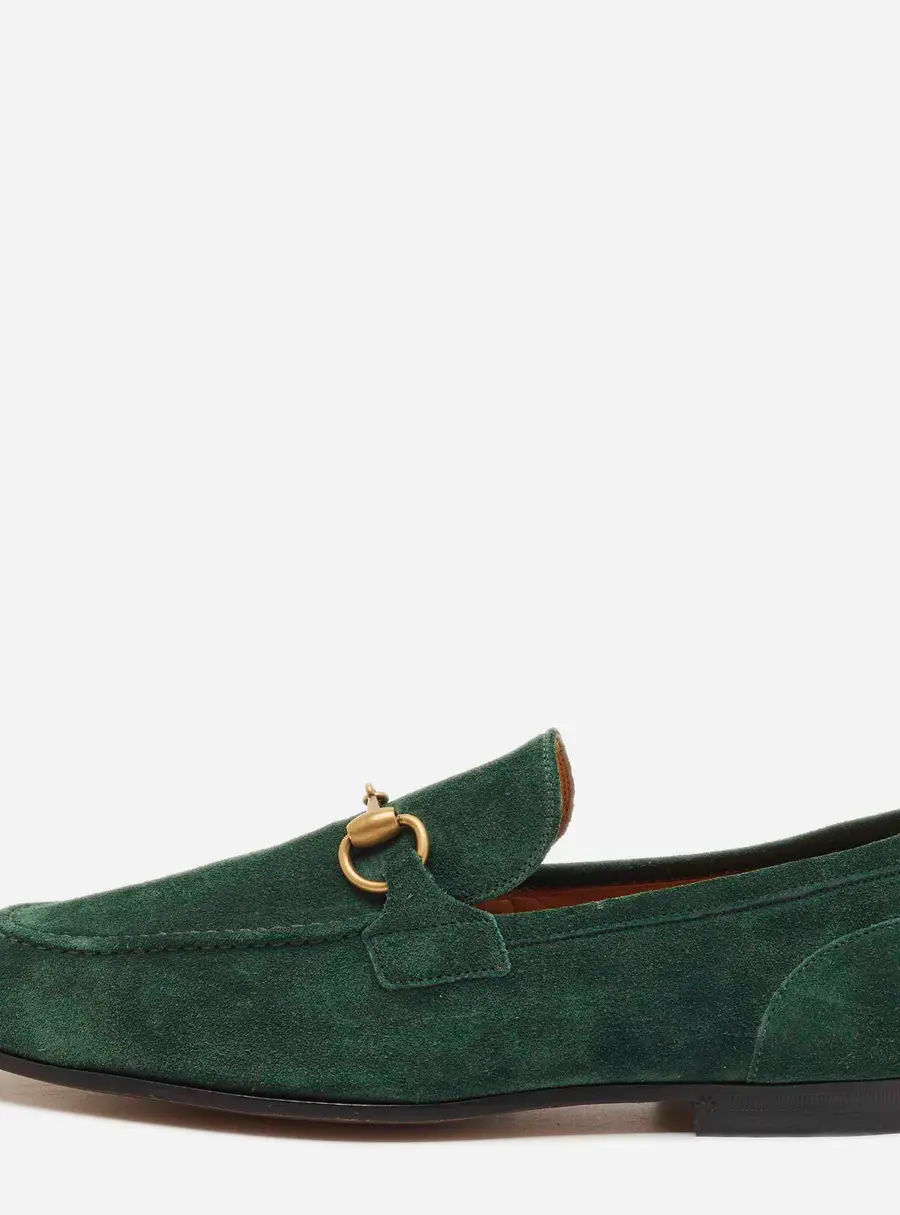 Gucci Jordaan Size 37 Dark Green Suede Horsebit Loafers