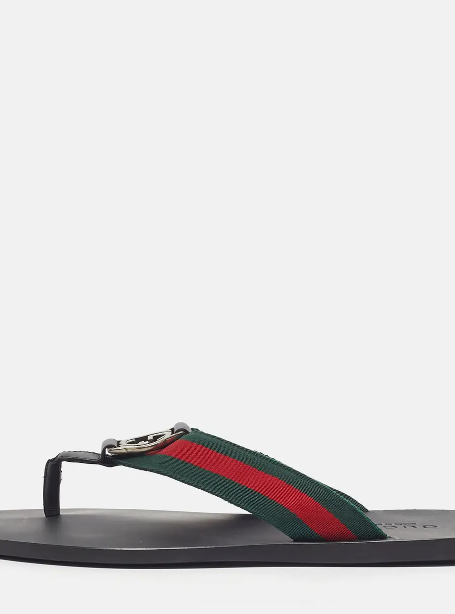 Gucci  Size 41 Black Leather Web Strap Interlocking G Thong Flats