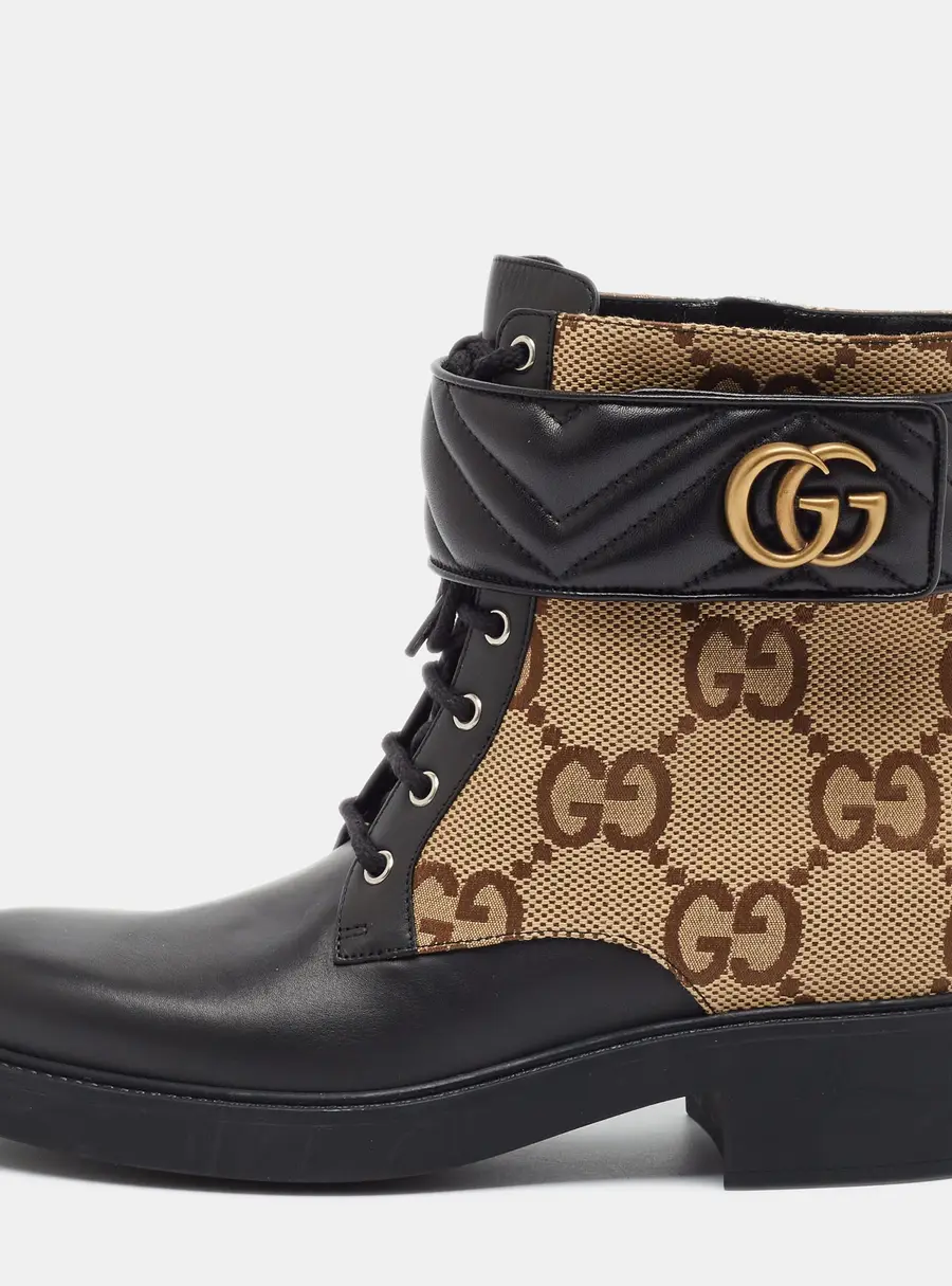 Gucci Matelassé Size 42 Beige/Black Canvas and Leather GG Logo Combat Boots