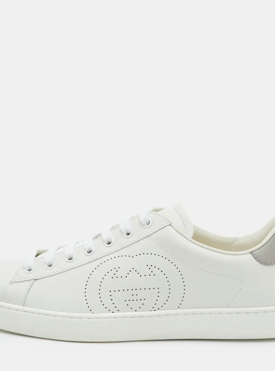Gucci Ace Size 43.5 White Perforated Interlocking G Leather Low Top Sneakers