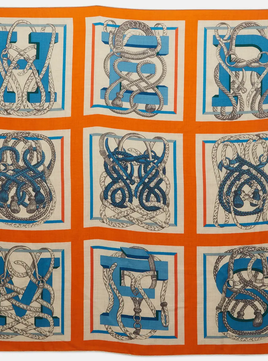 Herm&egrave;s Orange/Blue Entrelac&eacute; Cashmere and Silk Blend Square Scarf