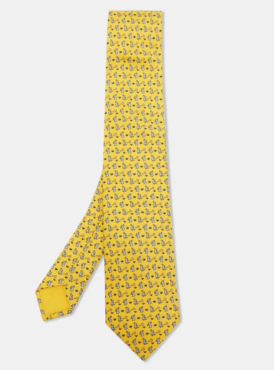 Hermès Yellow Rabbit Soccer Print Silk Tie