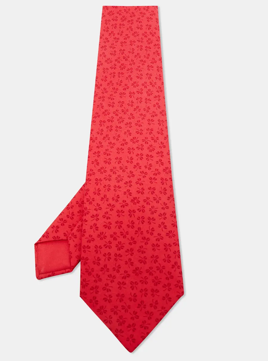 Hermes Red Clover Leaf Print Silk Tie