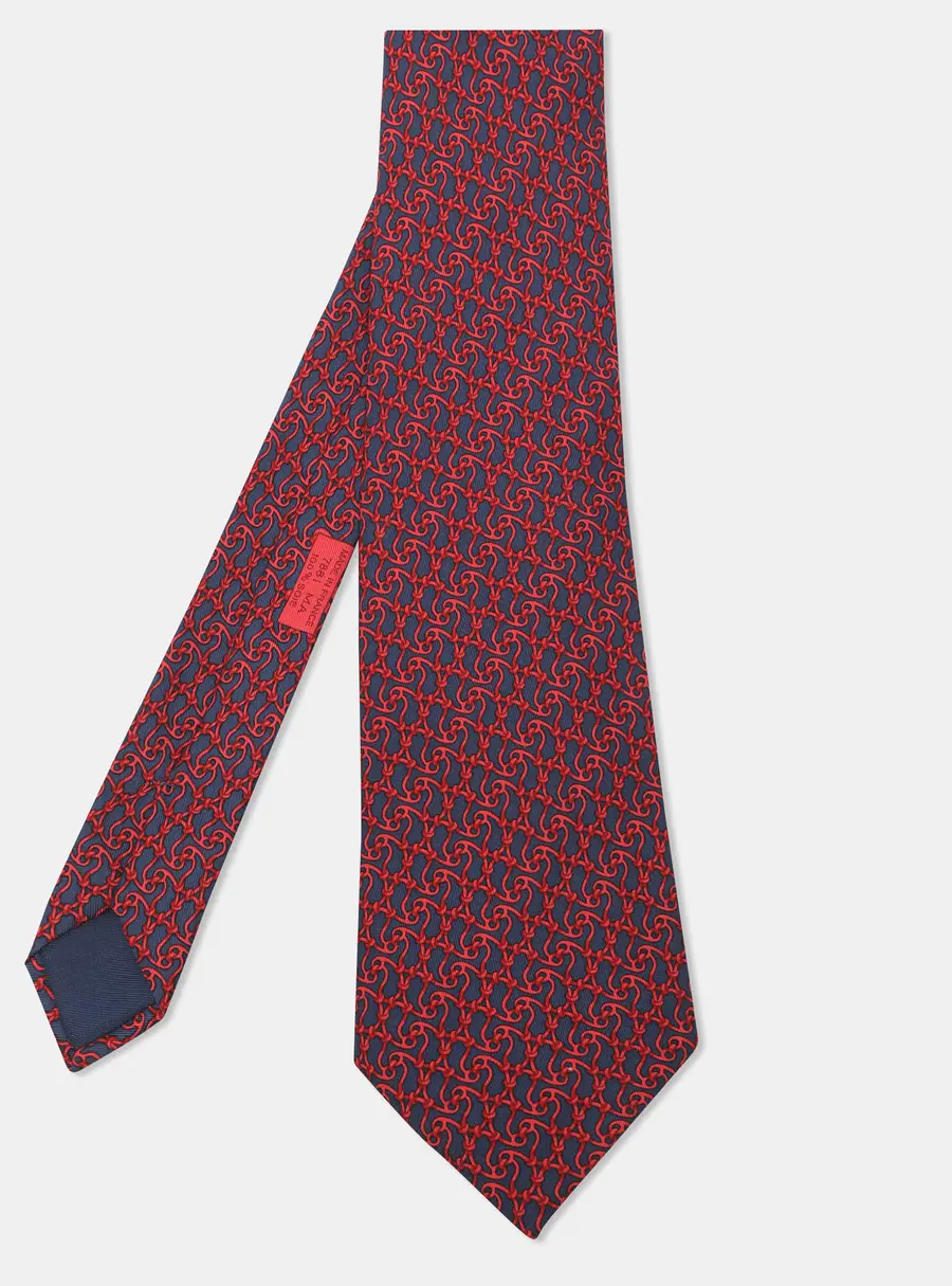 Hermes Red/Blue Patterned Silk Neck Tie