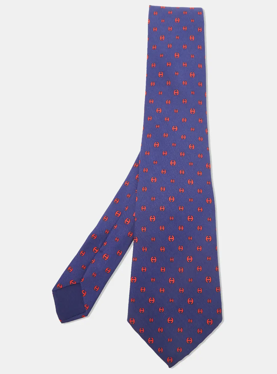 Herm&egrave;s Blue/Red Maillon H Traditional Silk Tie
