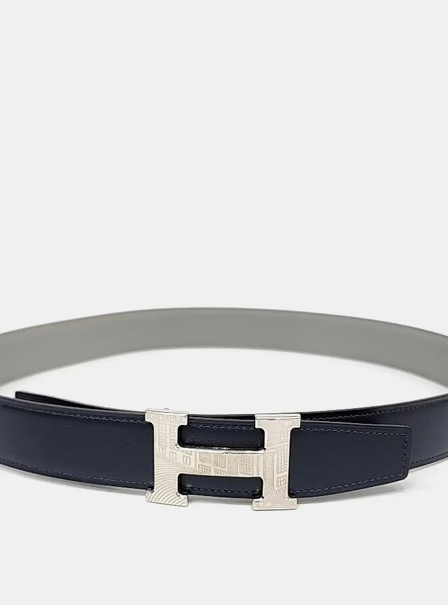 Herm&egrave;s Blue/Grey Leather H Reversible Belt (W)