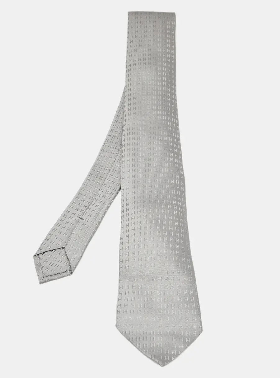 Hermes Grey Monogram Jacquard Silk Faconnee H Tie