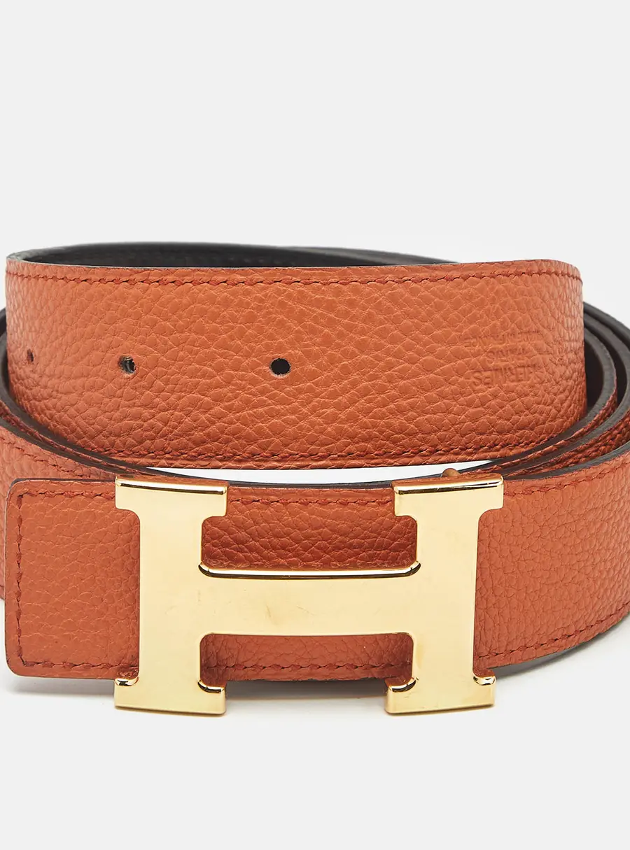 Herm&egrave;s H 100 CM Reversible Buckle Belt Orange/Noir Togo and Box Leather