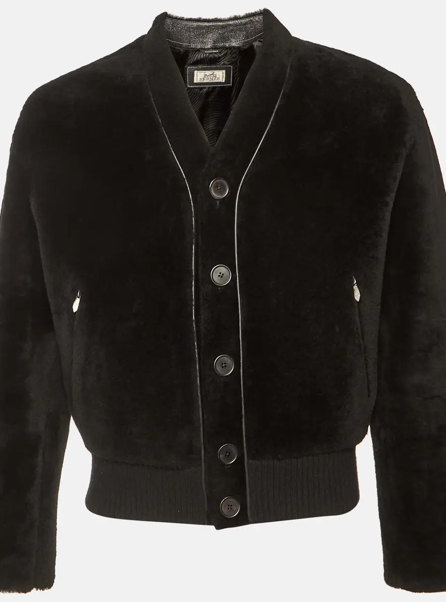 Hermes Blac Fur & Leather Button Front Oversized Jacket S