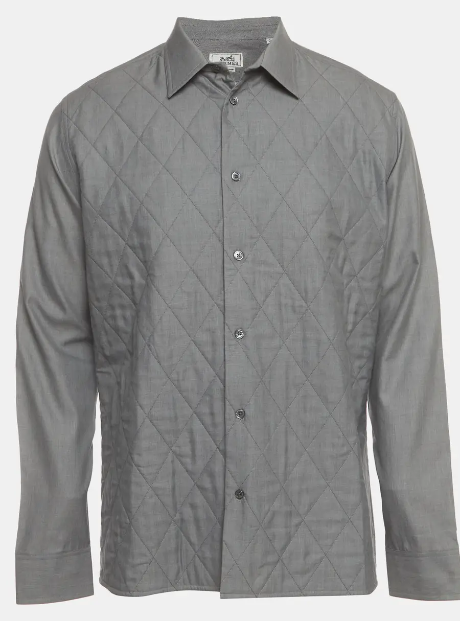 Hermes Grey Diamond Quilted Cotton Button Down Shirt L