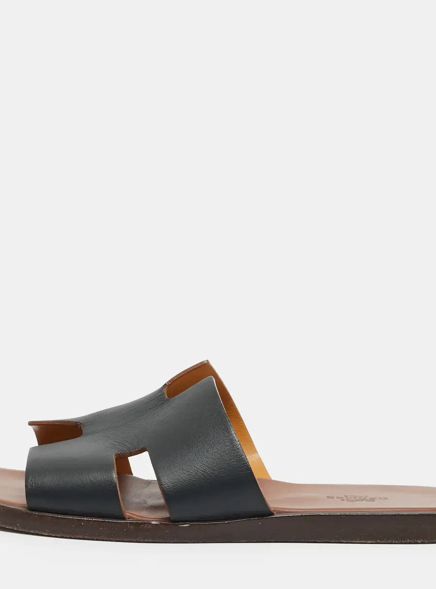 Hermes Izmir Size 40.5 Navy Blue Leather Flat Slide