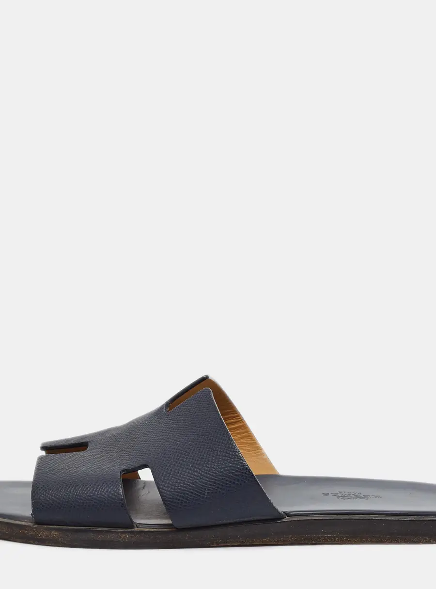 Hermes Izmir Size 41 Navy Blue Leather Slide Flats