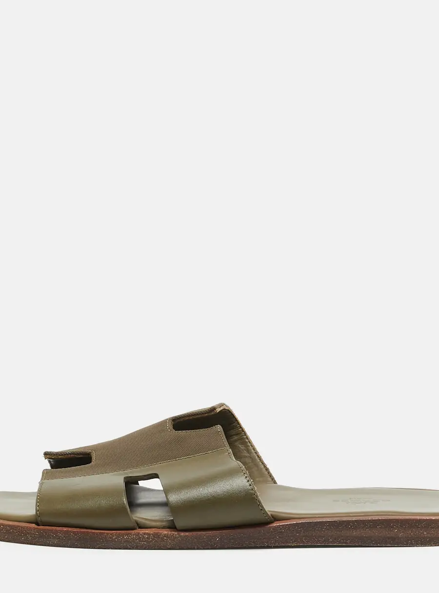 Hermes Izmir Size 41.5 Green Canvas and Leather Flat Slides